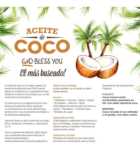 Aceite De Coco God Bless You Rbd (sabor Neutro) 1l