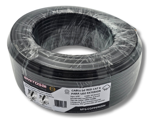 Cable De Red Utp Rollo 50m 100% cobre Cat6 Negro Para Exterior Doble Vaina Con Filtro Uv Apto Intemperie Mts-copper650e Amitosai línea COPPER