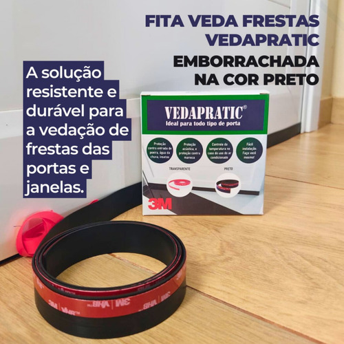 Veda Portas, Portões E Janelas 4,0 Cm Altura, Evita Entrada De Insetos, Animais Peçonhentos, Agua Da Chuva, Poeira, Proteção Acústica, Borracha Preta E Adesivo 3m Do Brasil Vedapratic 3 Metros
