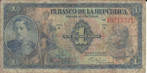 Colombia 1 Peso Oro 7 Agosto 1947a - 7dígitos