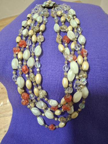 Collar De Perlas Y Piedras Perlado.blanco. Salmón.transparentes (Usado)