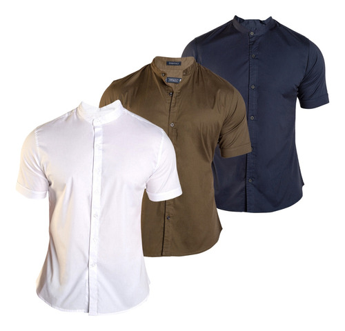 3 Camisas Hombre Cuello Mao Casual Slim Fit Manga Corta Lisa