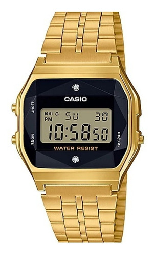 Reloj pulsera Casio Vintage A159 de cuerpo color oro, digital, fondo negro, con correa de acero inoxidable color oro, dial negro, minutero/segundero negro, bisel color oro y hebilla de gancho