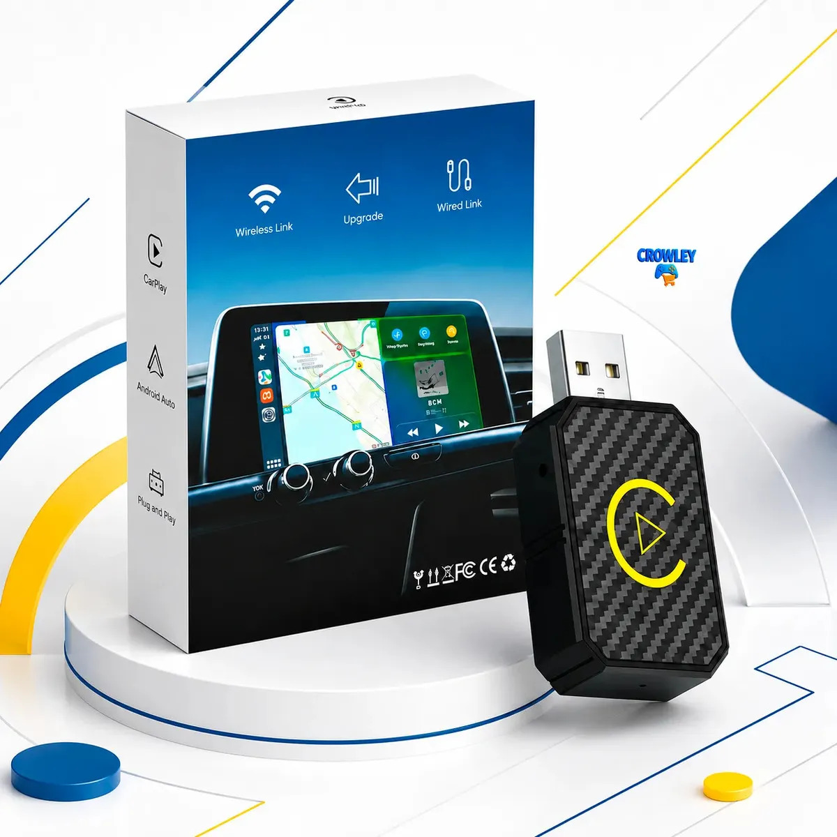 Adaptador Carplay Sem Fio Android Auto 2 Em 1 Usb Usb-c Wireless Plug play Automático Car play Smart Wireless AI Box Crowley
