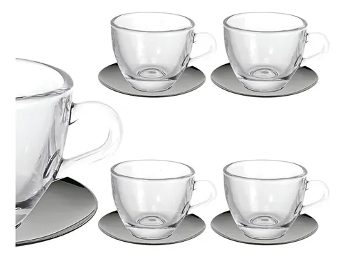 Jogo 4 Xícaras de Café Vidro 85ml com Pires Inox Haüskraft