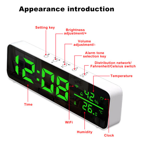 Reloj Digital Wifi Con Alarma App De Sensor De Temperatura Y