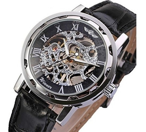 Gute Classic Steampunk Mechanical Wristwatch Black Skeleton 