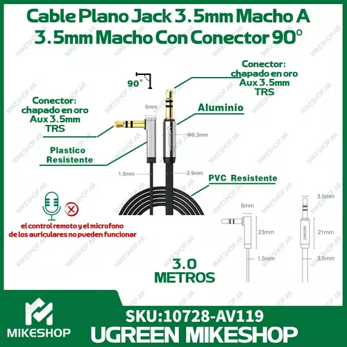 Cable Auxiliar Audio Macho A Macho 90° Estéreo Jack 3.5mm