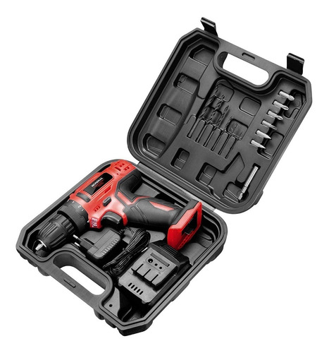 Imagem 3 de 3 de Furadeira Elétrica Parafusadeira Mondial Fpf-06m Sem Fio 650rpm 50hz/60hz Vermelho 100v/240v 12v Com Maleta De Transporte