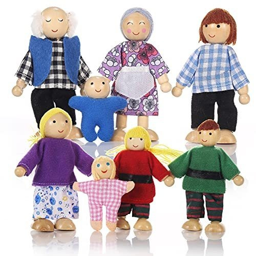 Muñeca - Wooden Doll House Family Of 8 Little Figures, Cute 