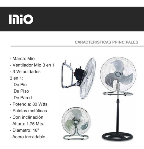 Imagen 3 de 9 de Ventilador Industrial Mio 3 En 1 Pared Pie Piso 18 Pulgadas
