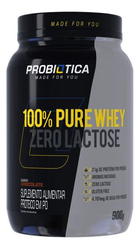 100% Pure Whey Zero Lactose 900 G - Probiótica Sabor Chocolate