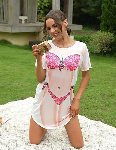 Camiseta Holgada Tipo Vestido Nueva Con Estampado De Bikini