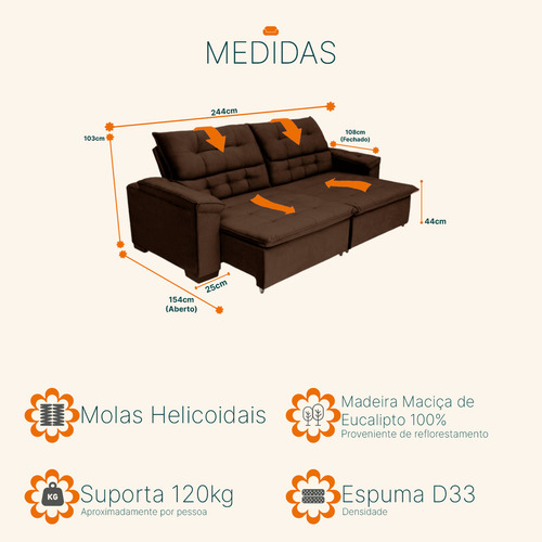 Sofá Mola Helicoidal 2.44m Velusoft Marrom Café Arezzo Sofá Casa
