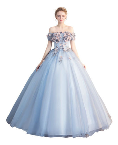 Vestido De Quinceañera Barato Azul Cielo Celeste Flores