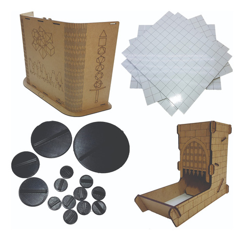 Kit Rpg - Escudo + Grid + 14 Bases P/ Minis + Torre Dados