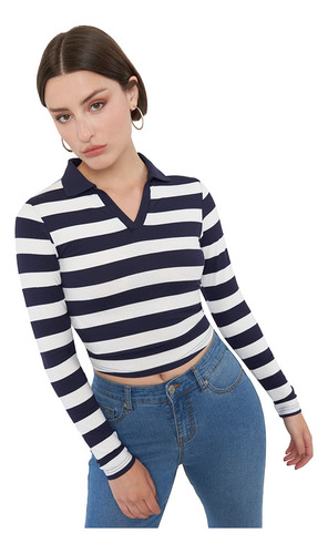 Polera Mujer M/l Cuello Polo Navy Stripes Corona