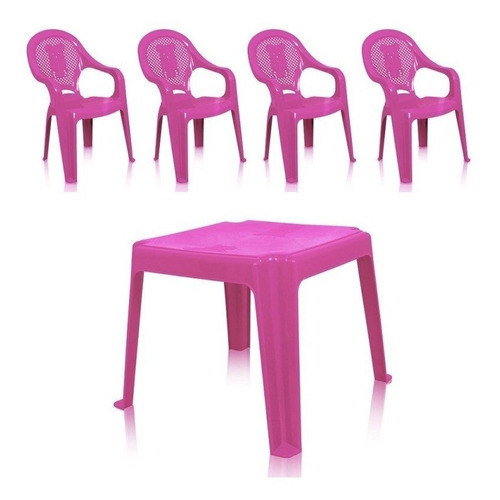 Kit 1 Mesa 45x45cm E 4 Cadeiras Decoradas Infantil Rosa