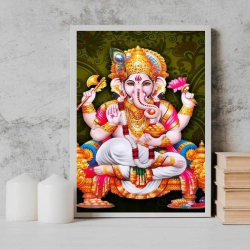 Quadro Decorativo Lord Ganesha 33x24cm - Com Vidro Branca