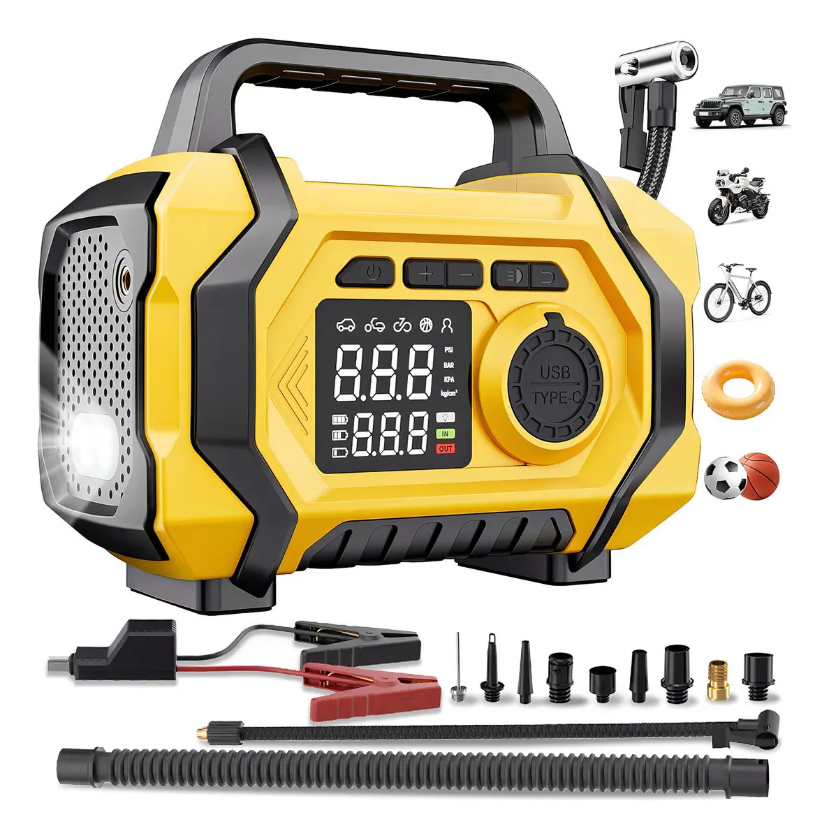 Arrancador de Coche Xiudeen ATJ-201 6 en 1 con Compresor de Aire y Power Bank
