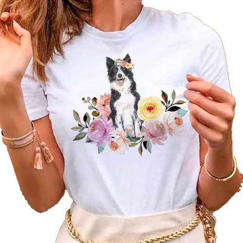 Remera Dama Mujer Street Mascota Con Flores Perro Perrito 06