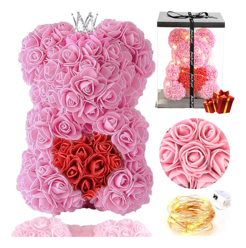 Flor Eterna Oso De Rosa Con Luces Y Corona Regalo Para Mujer