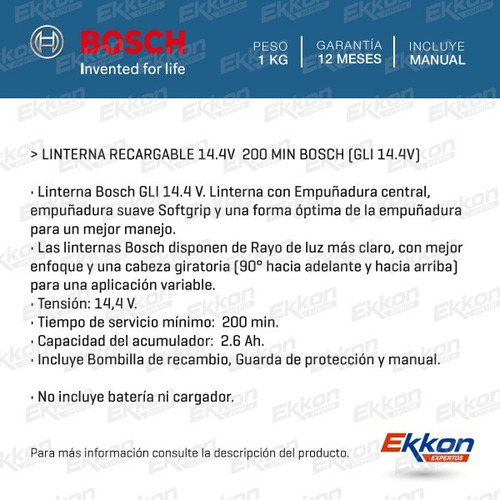 Imagen 2 de 6 de Linterna Bosch 14.4v Luz Xenon Recargable Bateria Gli-14.4v