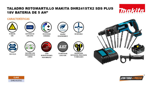 Taladro Rotomartillo Makita Dhr241stx2 Sds Plus 18v + Brocas