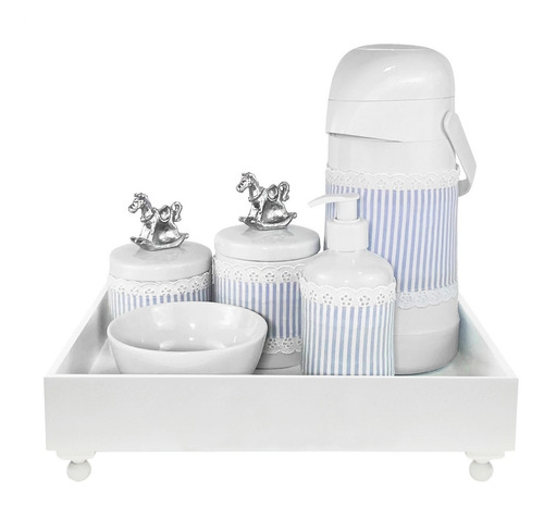 Kit Higiene Azul Cavalo Balanço Prata Porcelana Garrafa Bebê Cor Cavalo Prata