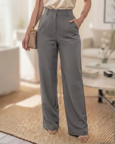 Calça Alfaiataria Feminina Wide Leg Social Cós Alto Chumbo M