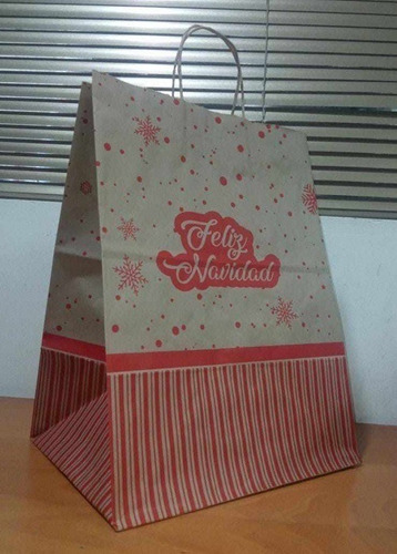 Bolsas Estampadas Marrones Kraft 10 Kg Con Asa Feliz Navidad