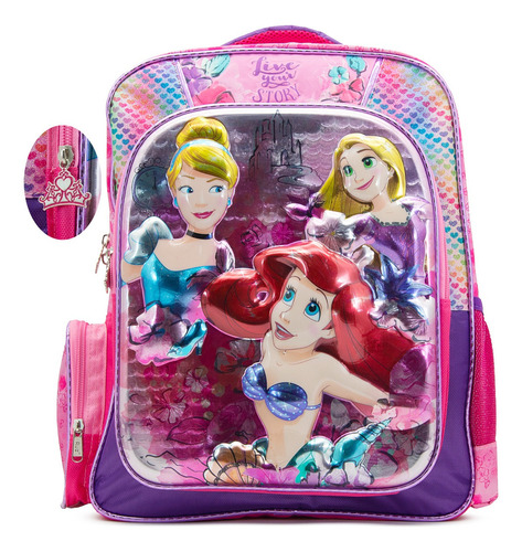 Mochila De Niña Primaria Ruz Princesas Ariel Holográfico Color Rosa