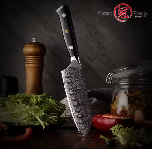 Cuchillo De Chef, Acero Damasco Marca Santoku 5 67 Capas Negro