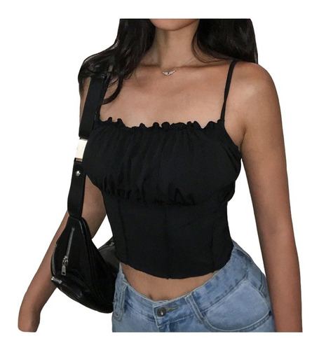 Sexy Comodo Crop Top Casual Plisado Con Tirantes 5319