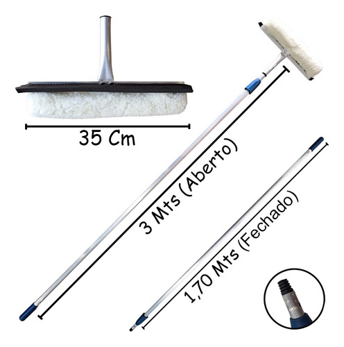 Kit Rodo Limpa Vidros 35 Cm Com Cabo Extensor 3 Metros
