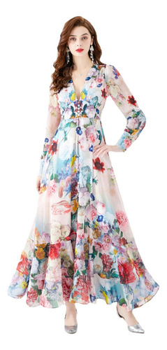 Vestido Boho De Gasa Con Estampado Floral Y Cuello En V Prof