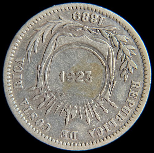 Costa Rica, 50 Centimos, 1923 Sobre 1889. Plata. Resello. Vf