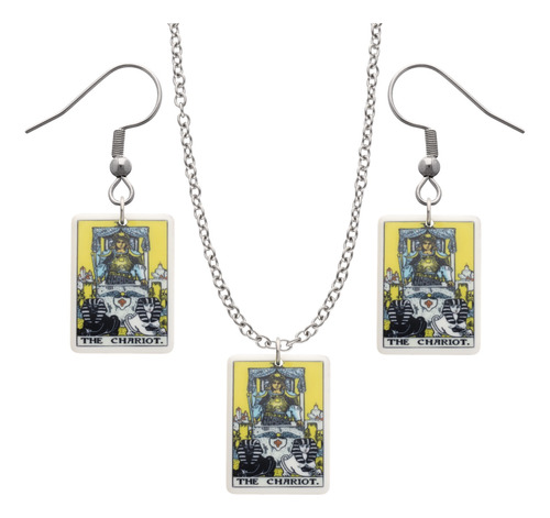 Kit Collar Y Aretes Tarot Cartas Rider Waite Dije Tarot Moda Plateado El Carro