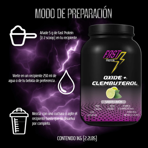 Óxido Nítrico + Clembuterol Fast Suplement 1kg 200 Serv Limón