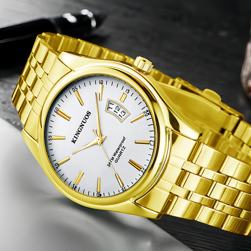 Reloj De Cuarzo Con Correas De Acero Con Calendario Kingnuos Color De La Correa Dorado Color Del Fondo Blanco