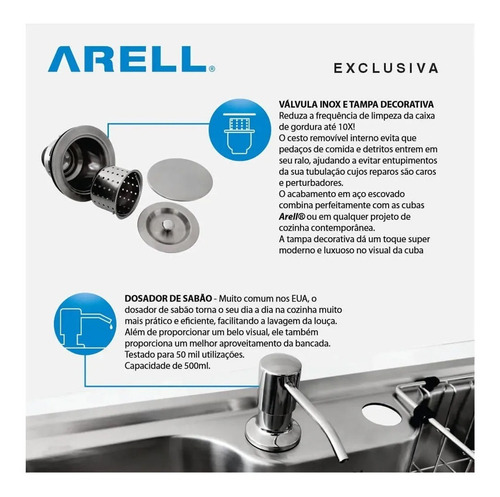 Cuba Sobrepor Embutir Arell Kameel Aço Inox Escovado Funda