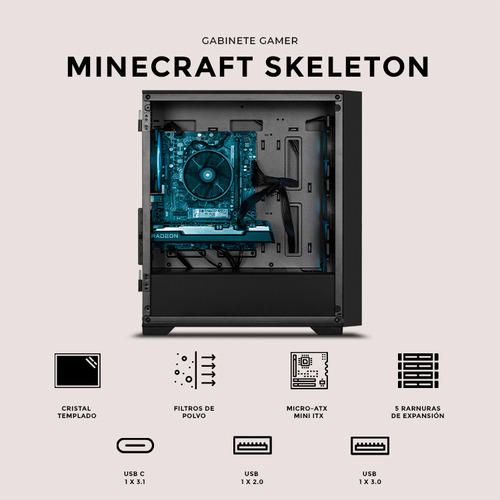 Gabinete Xtreme Pc Minecraft Skeleton Micro Atx Usb-c Argb