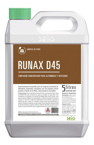 Runax D45 Limpiador Seiq Para Alfombras Y Tapizados 5 Lts.