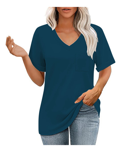 Top Casual De Verano De Manga Corta Con Cuello En V De Color