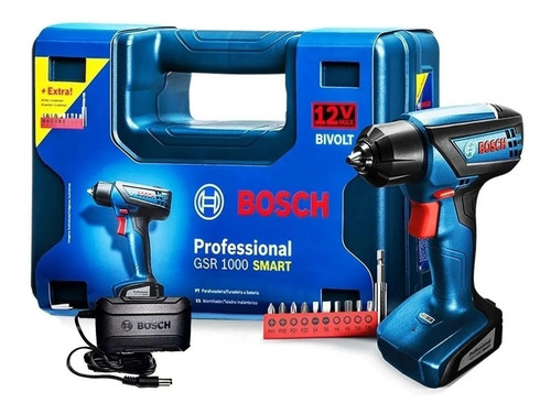 Imagen 1 de 3 de Taladro atornillador inalámbrico de 6mm Bosch GSR 1000 12V con maletín de transporte