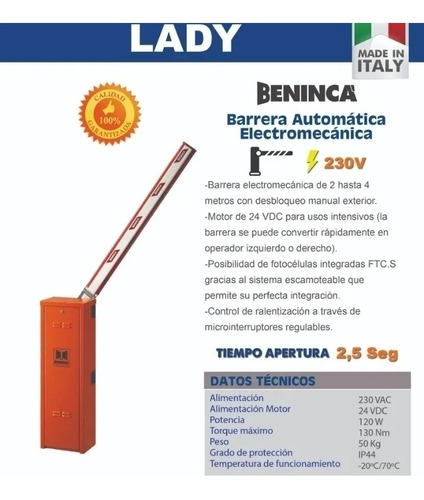 Imagen 2 de 2 de Barrera Electromecánica Lady Beninca Uso Intensivo