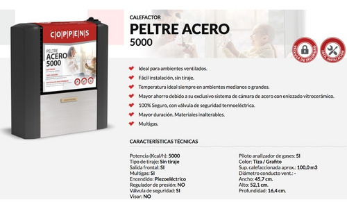 Estufa Calefactor Coppens Peltre Acero 5000 Kcal Sin Salida