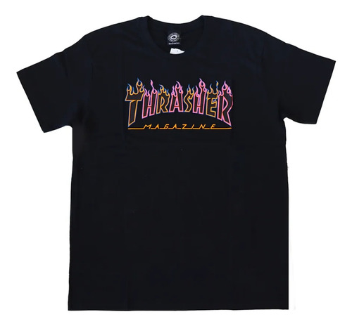 Camiseta Thrasher Double Flame Logo Neon Preta