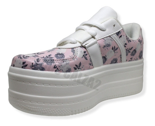 Imagen 2 de 4 de Zapatilla Plataforma Urbana Mujer Ecocuero Flores Rosa