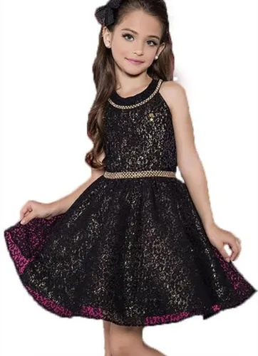 Vestido Infantil Diforini Renda Preta Forro Dourado 2039